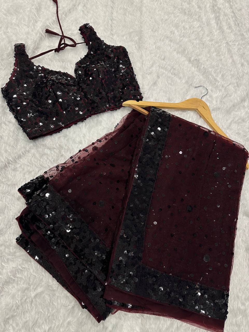 Party Wear Designer Saree With Sequence  & Thread Work