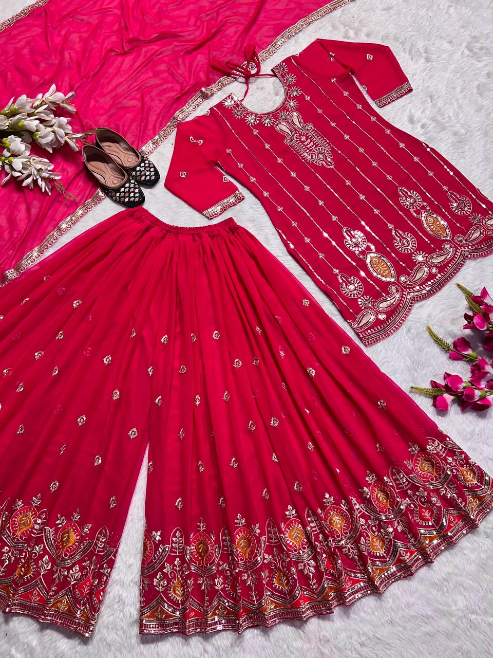 Designer Top-Plazzo And Dupatta With Heavy Embroidery Work