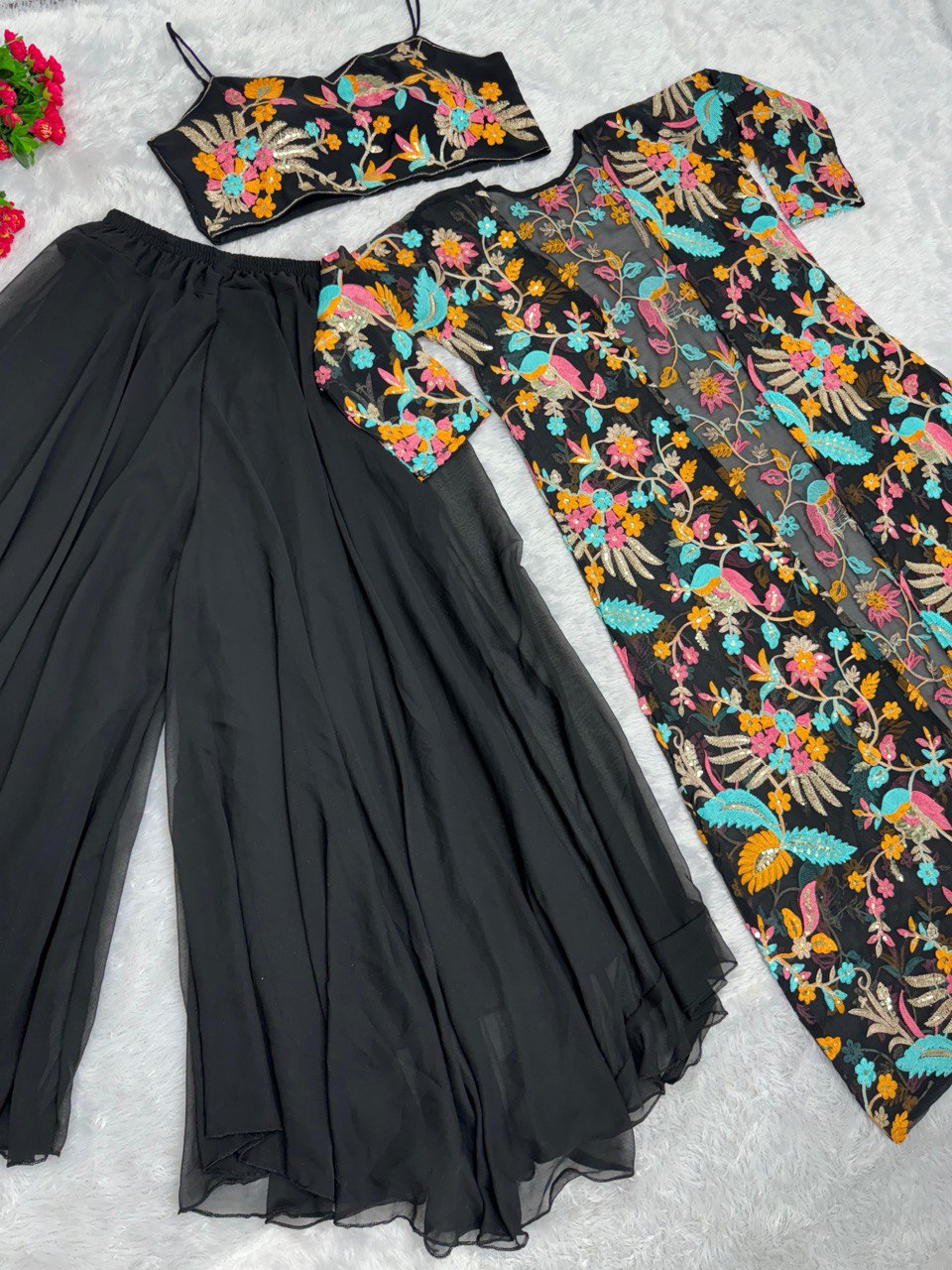 Party Wear Fancy Shrug Choli And Koti With Sequence Work