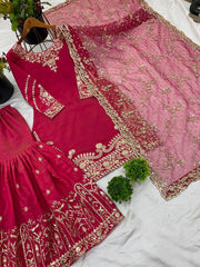 Designer Party Wear Look Top-Plazzo And Dupatta With Heavy Embroidery Work