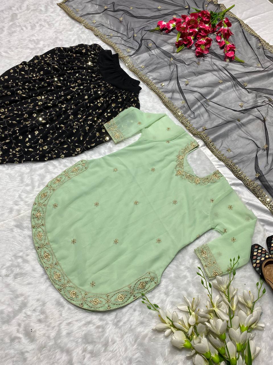 Designer Party Wear Look Top ,Dhoti Salwar And Dupatta