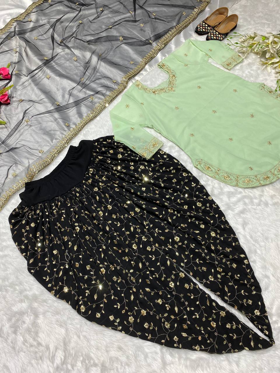 Designer Party Wear Look Top ,Dhoti Salwar And Dupatta