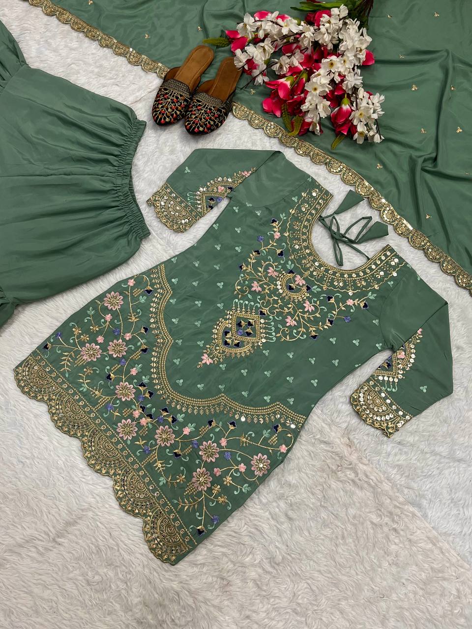 Designer Party Wear Look Top , Sharara Plazzo And Dupatta