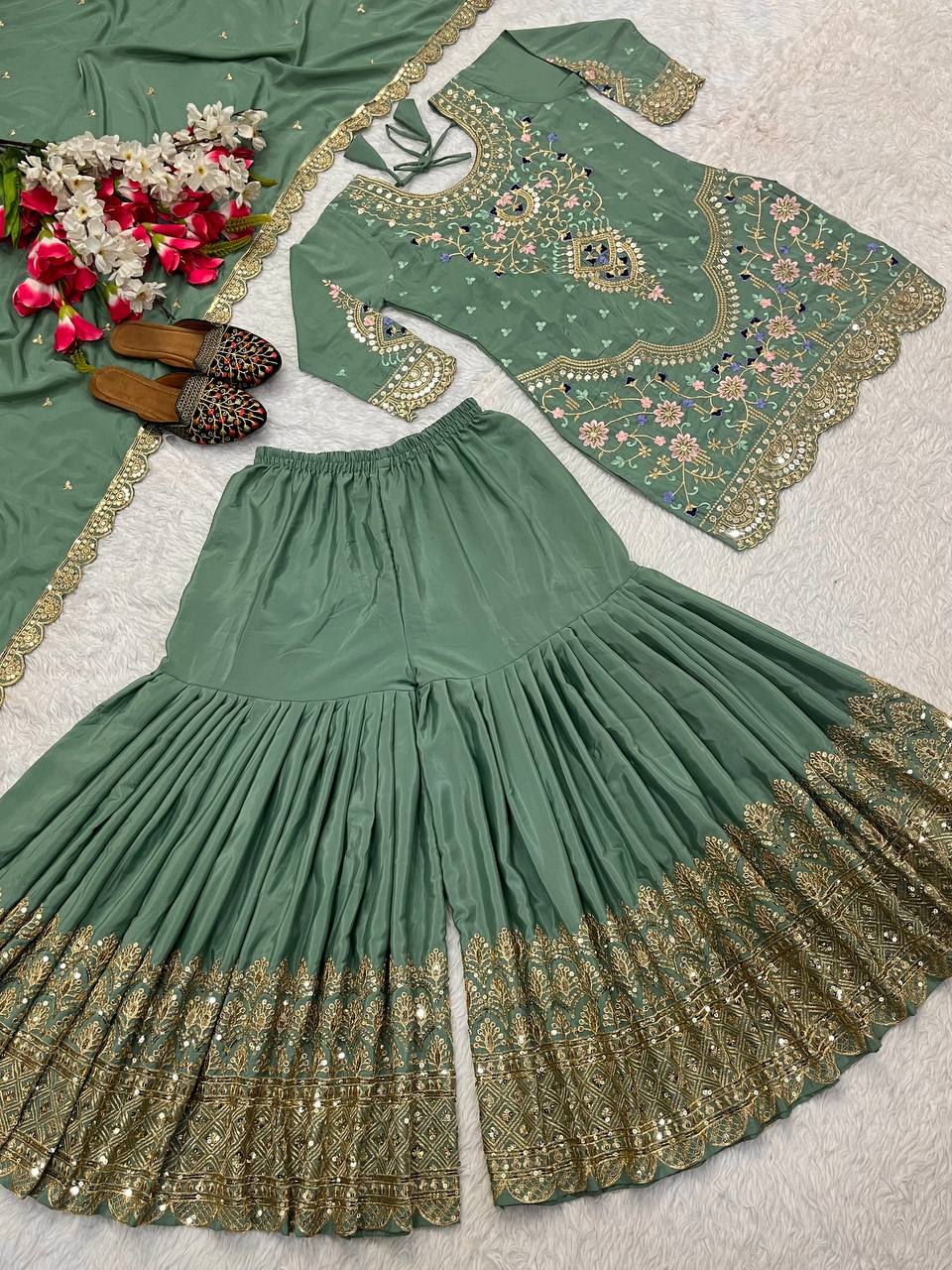 Designer Party Wear Look Top , Sharara Plazzo And Dupatta