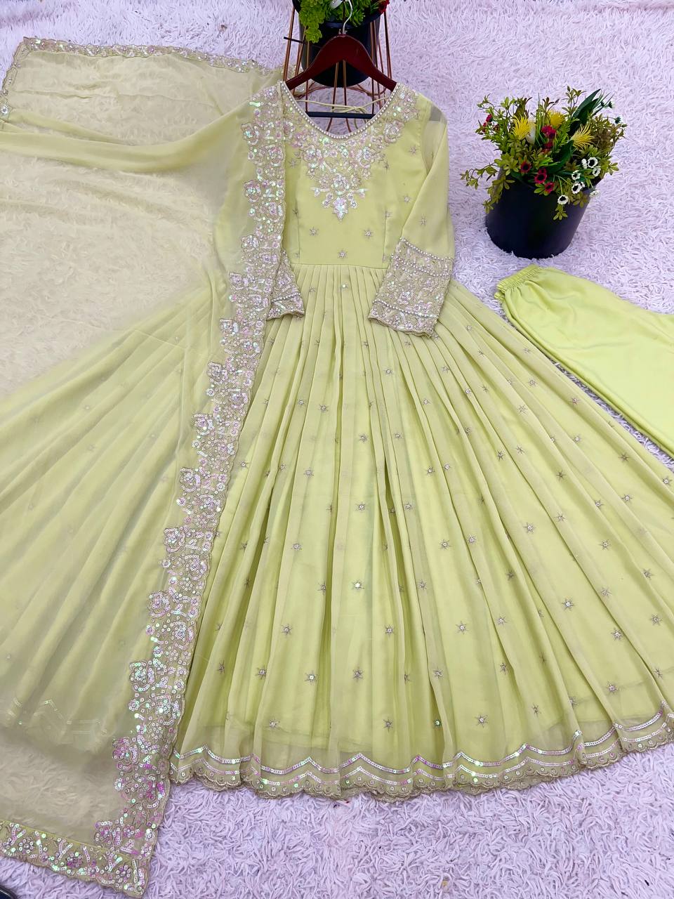 Designer Party Wear Look Gown With Embroidery Rainbow Sequence Work