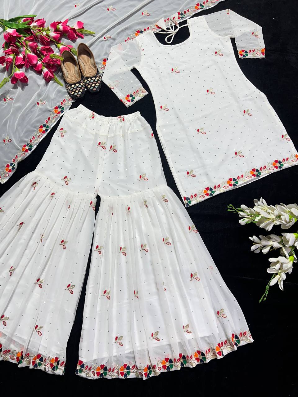 Designer Party Wear Look Top , Sharara Plazzo And Dupatta