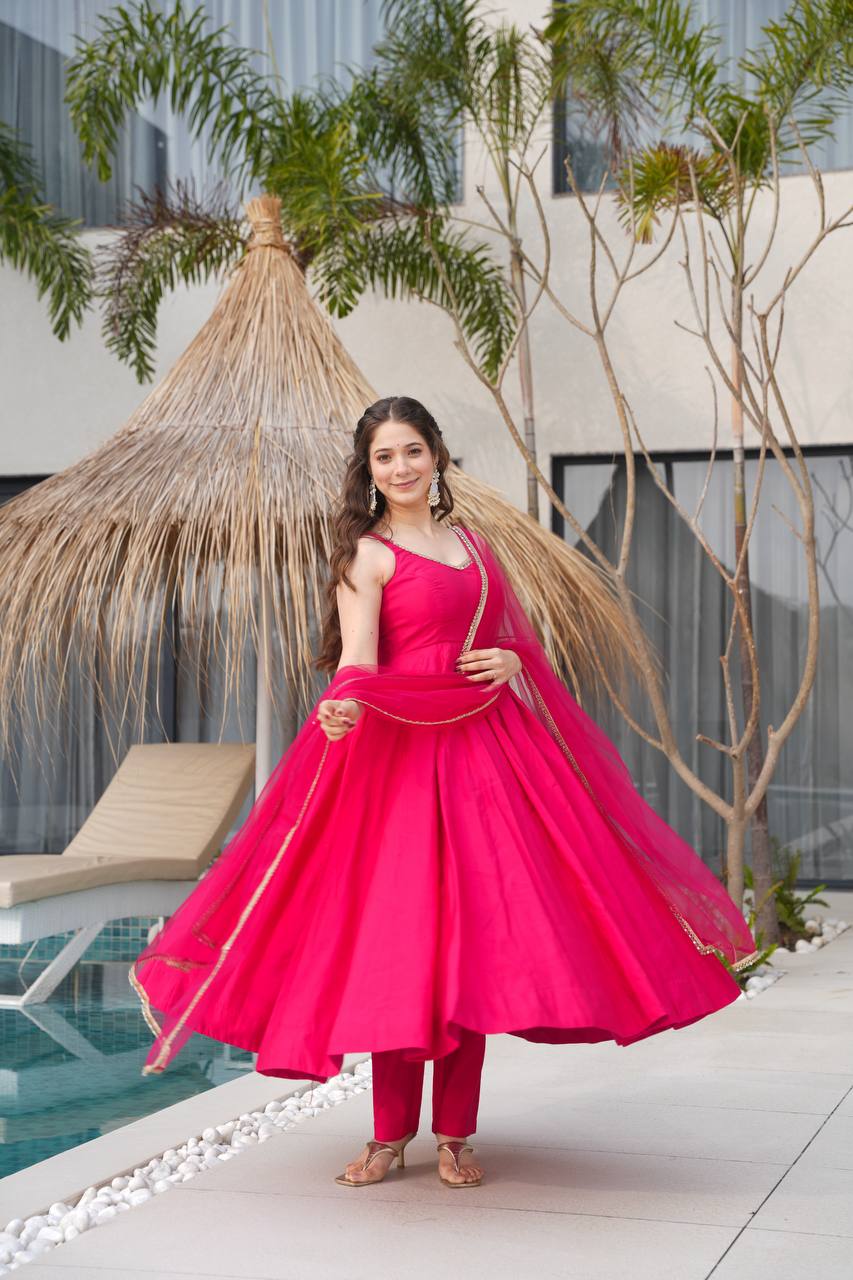 Fancy Party Wear Anarkali Gown, Pent And Beautiful Dupatta