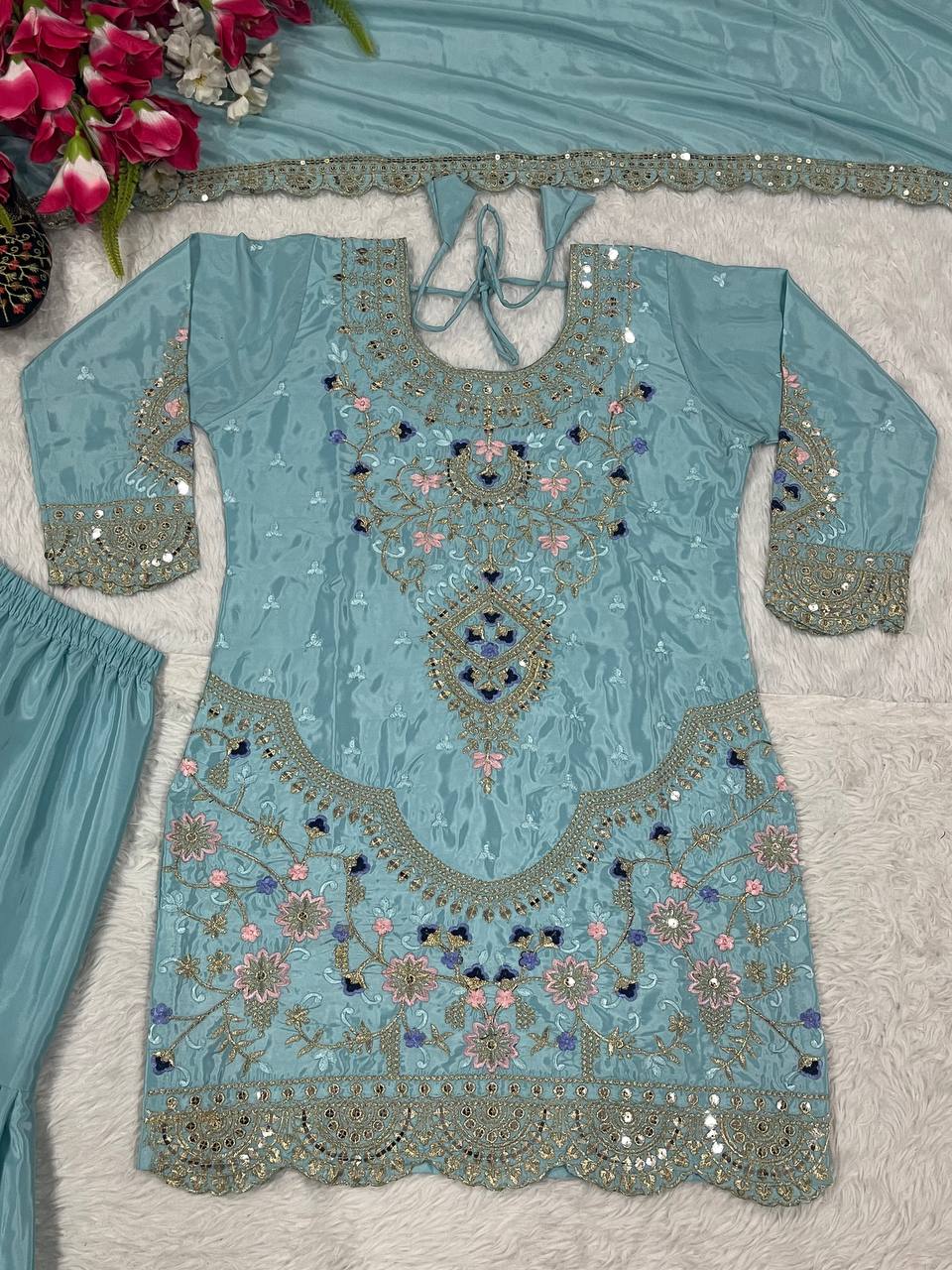 Designer Party Wear Look Top , Sharara Plazzo And Dupatta