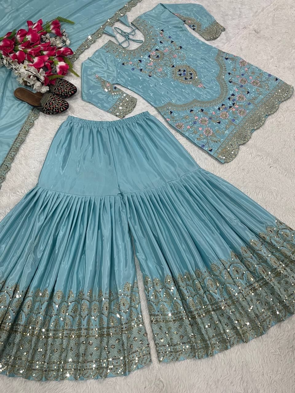 Designer Party Wear Look Top , Sharara Plazzo And Dupatta