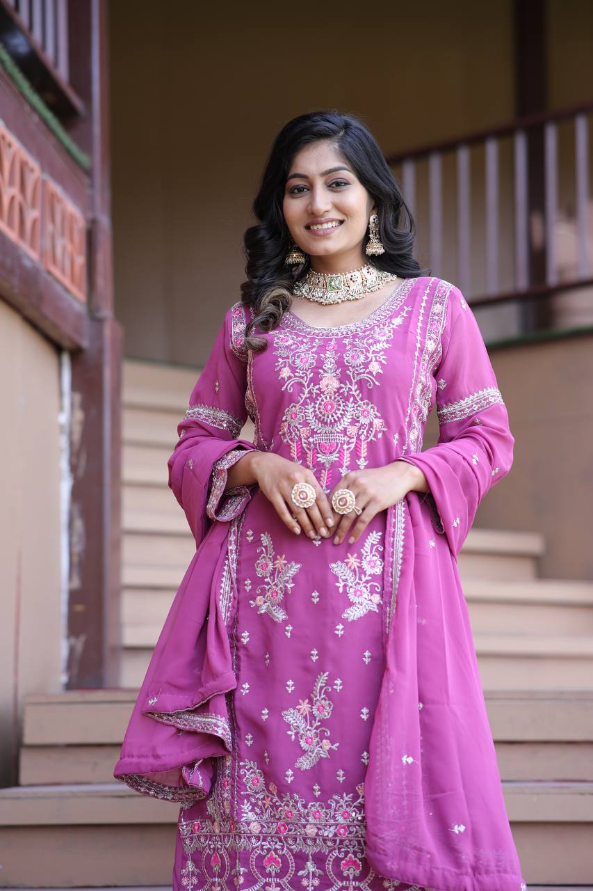 Party Wear Kurti Plazzo With Embroidery Work Lace On Border