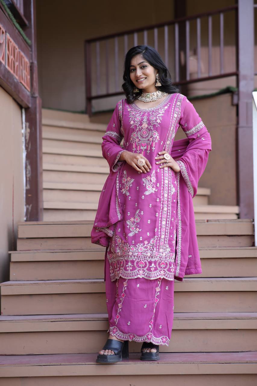 Party Wear Kurti Plazzo With Embroidery Work Lace On Border