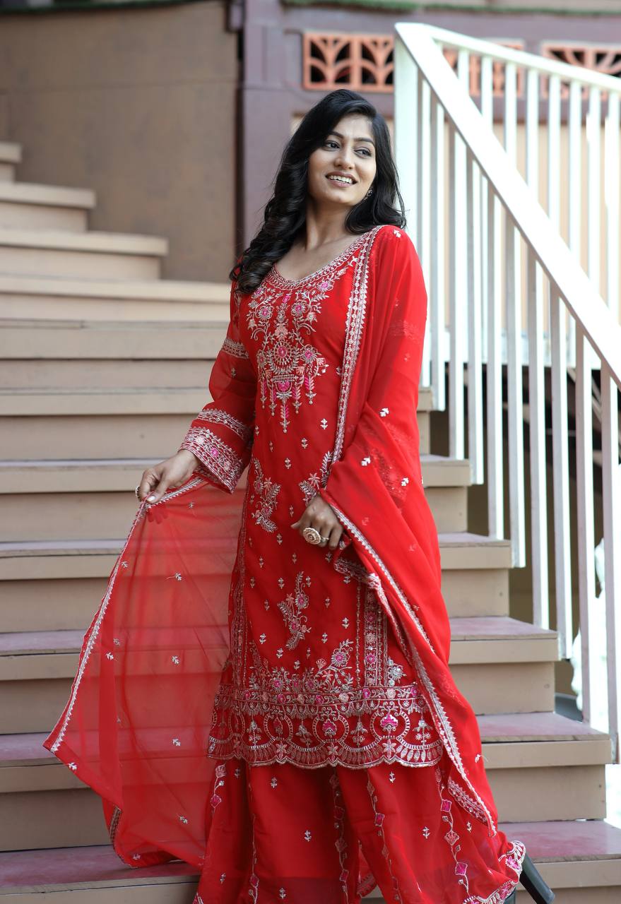 Party Wear Kurti Plazzo With Embroidery Work Lace On Border