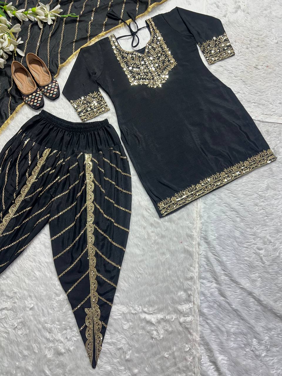 Designer Party Wear Look Top ,Dhoti Salwar And Dupatta