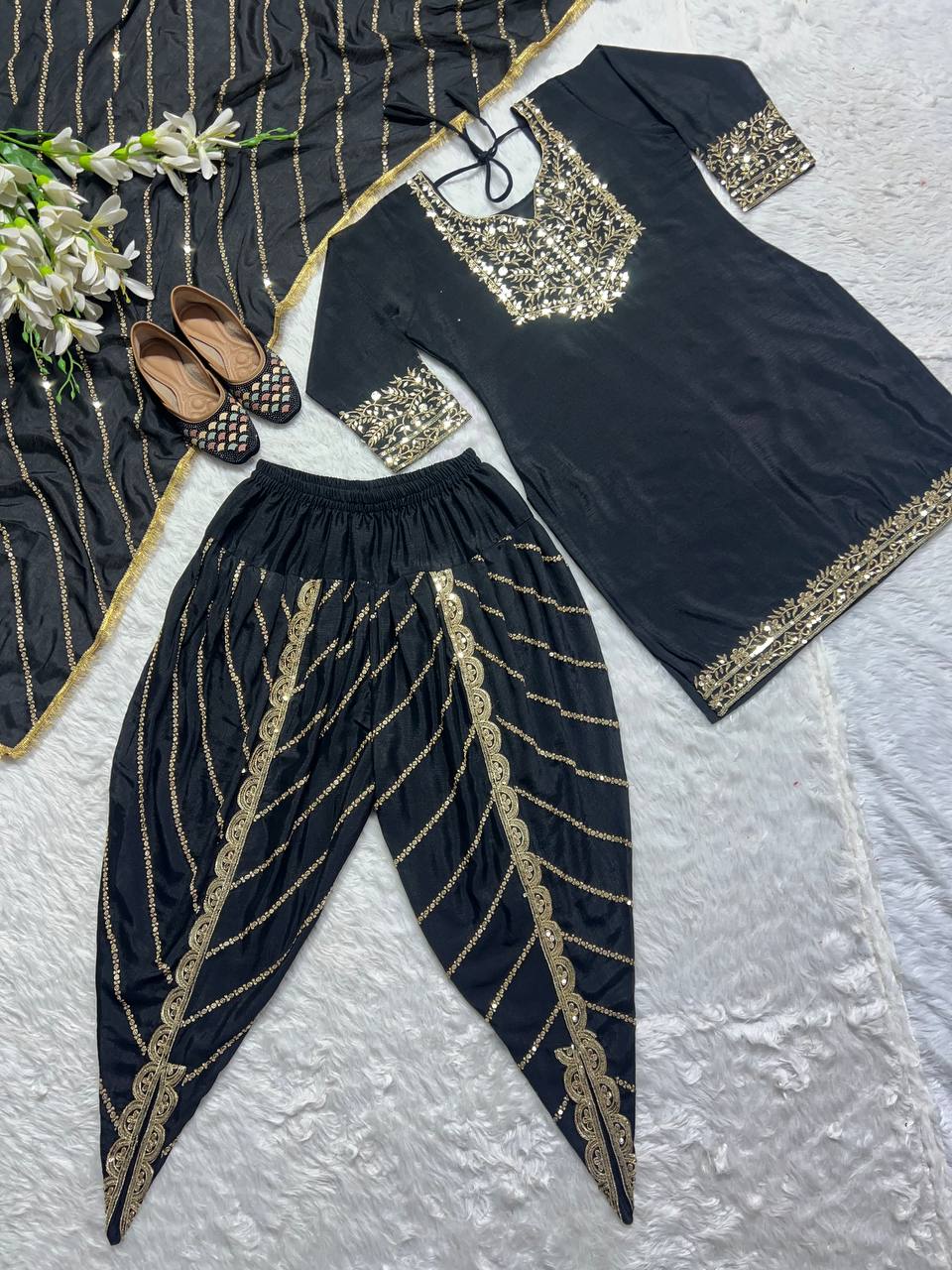 Designer Party Wear Look Top ,Dhoti Salwar And Dupatta