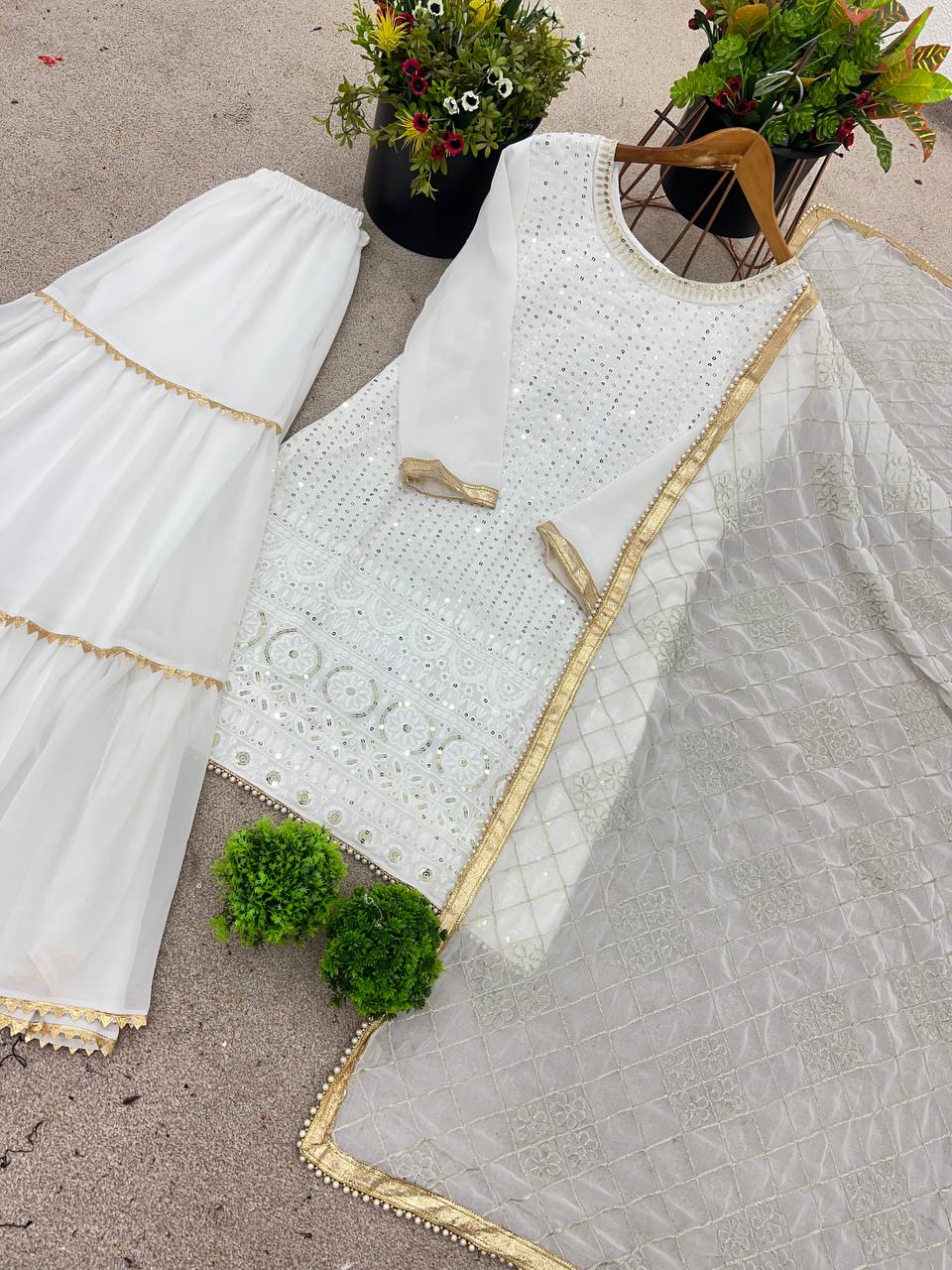 Designer Faux Georgette Heavy Top Plazzo With Dupatta