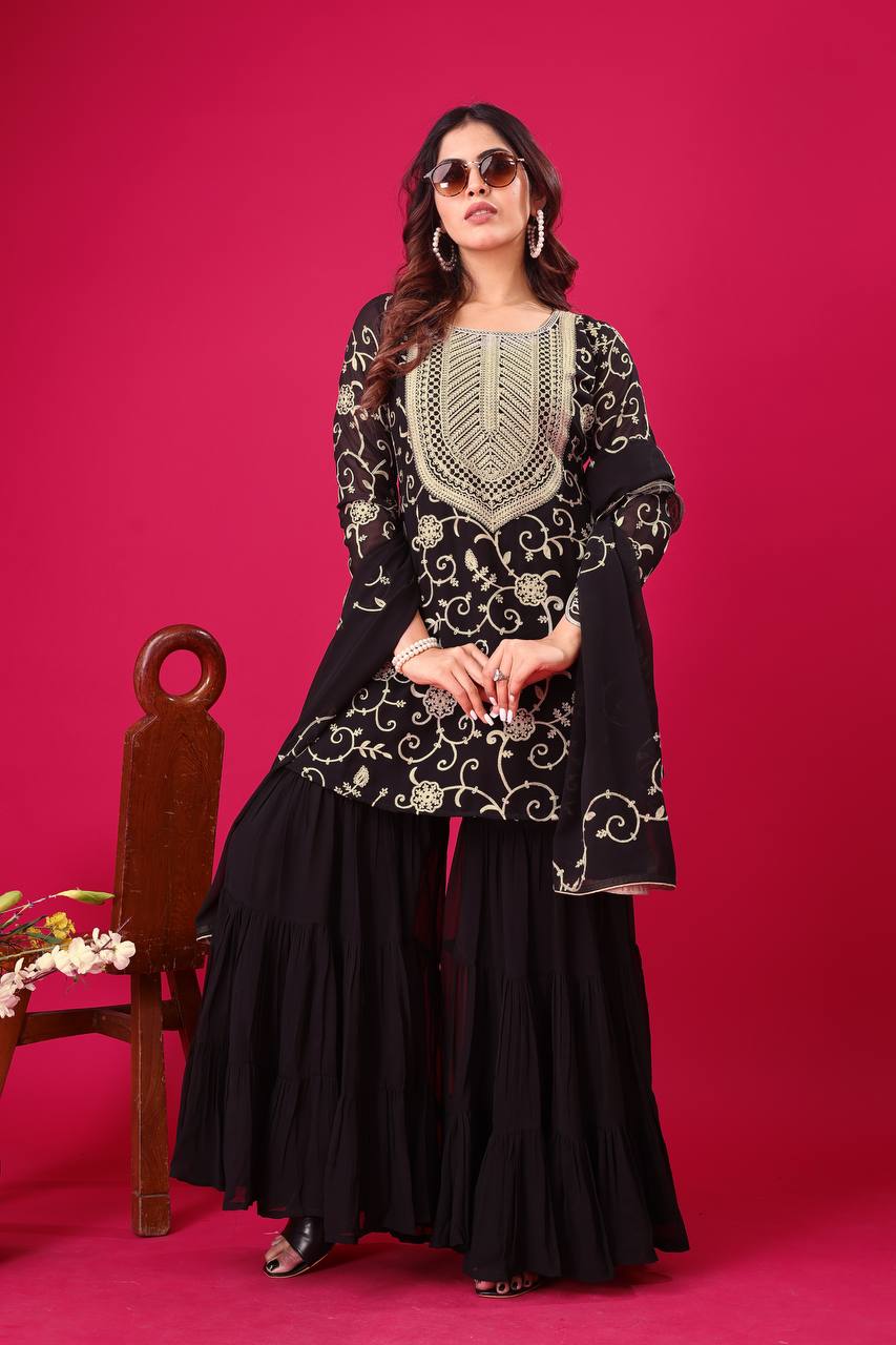 Designer Party Wear Look Top-Sharara And Dupatta With Heavy Embroidery Work