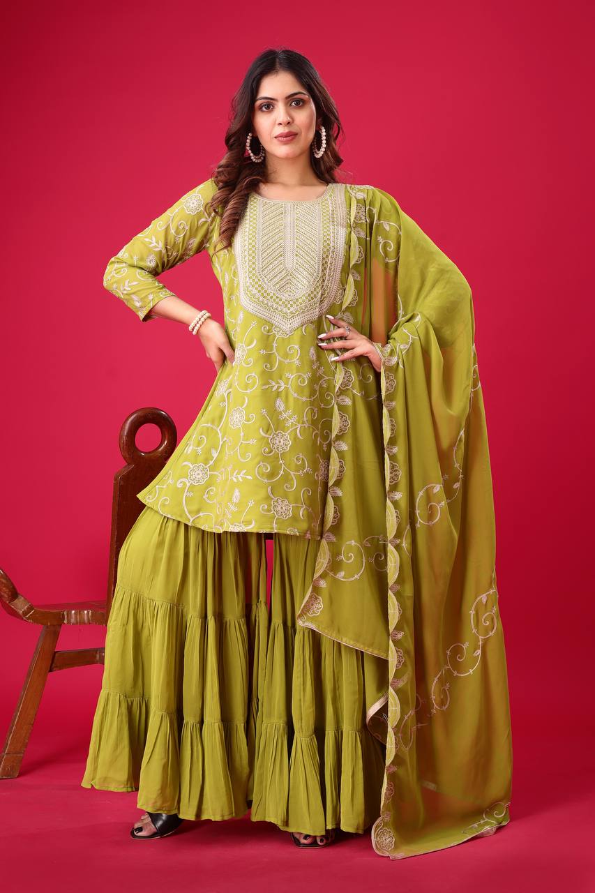 Designer Party Wear Look Top-Sharara And Dupatta With Heavy Embroidery Work