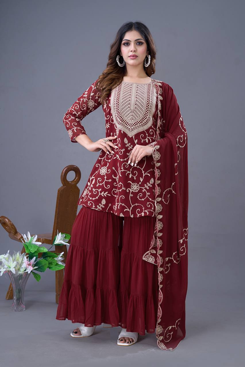 Designer Party Wear Look Top-Sharara And Dupatta With Heavy Embroidery Work