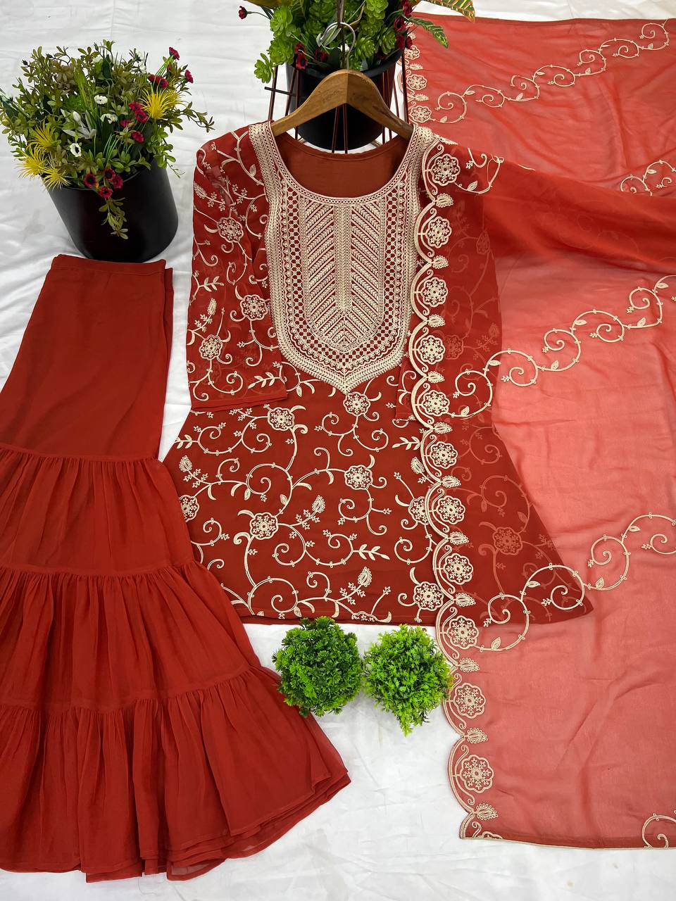 Designer Party Wear Look Top-Sharara And Dupatta With Heavy Embroidery Work