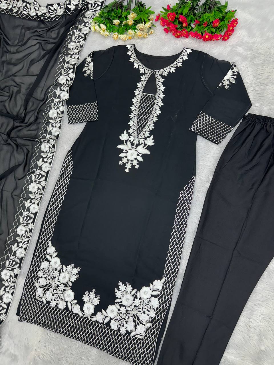 Beautiful Party Wear Top Bottom And Dupatta With Stitched Work