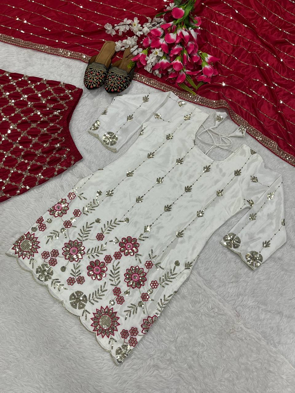 Designer Party Wear Look Top , Sharara Plazzo And Dupatta