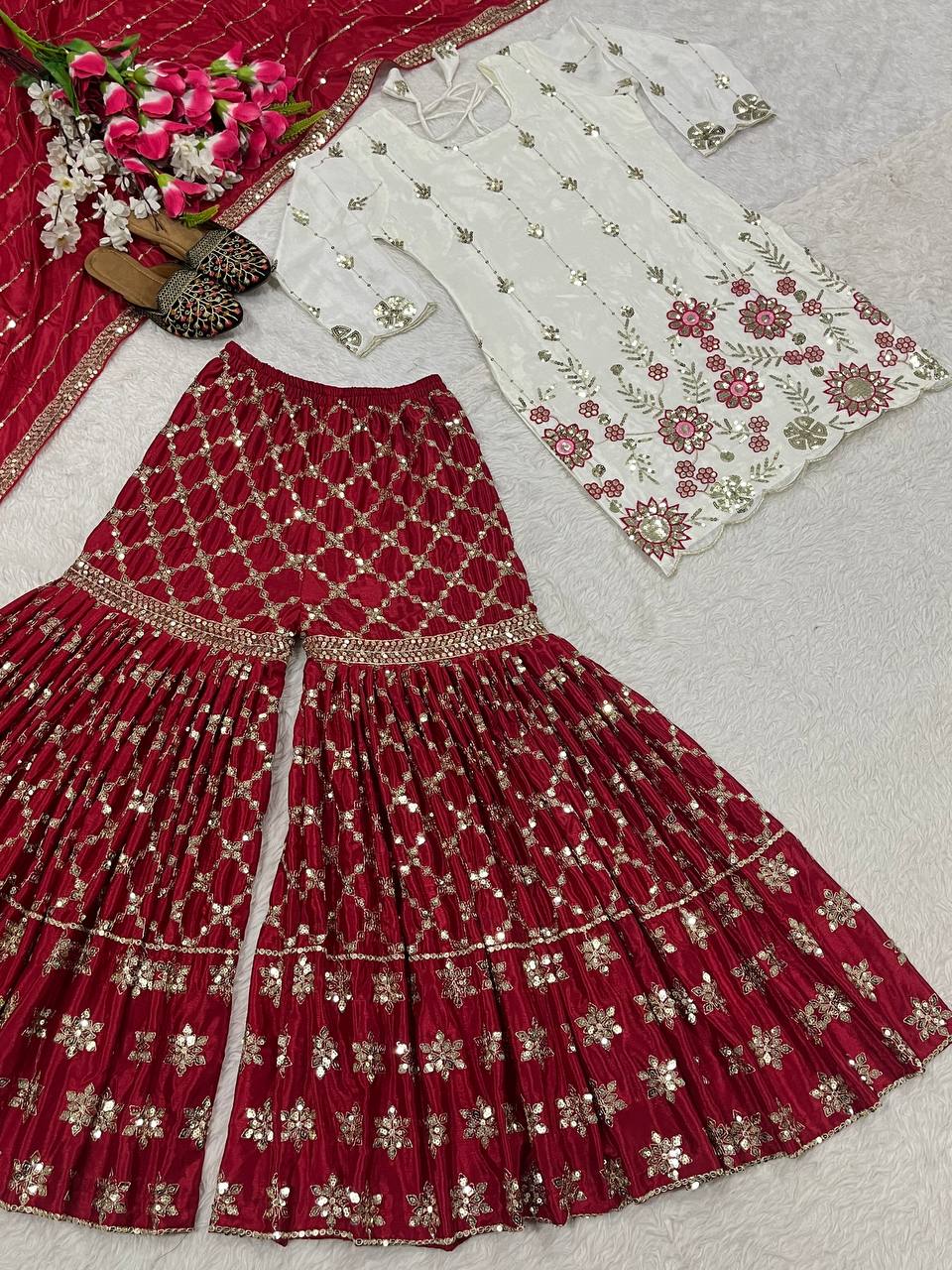 Designer Party Wear Look Top , Sharara Plazzo And Dupatta