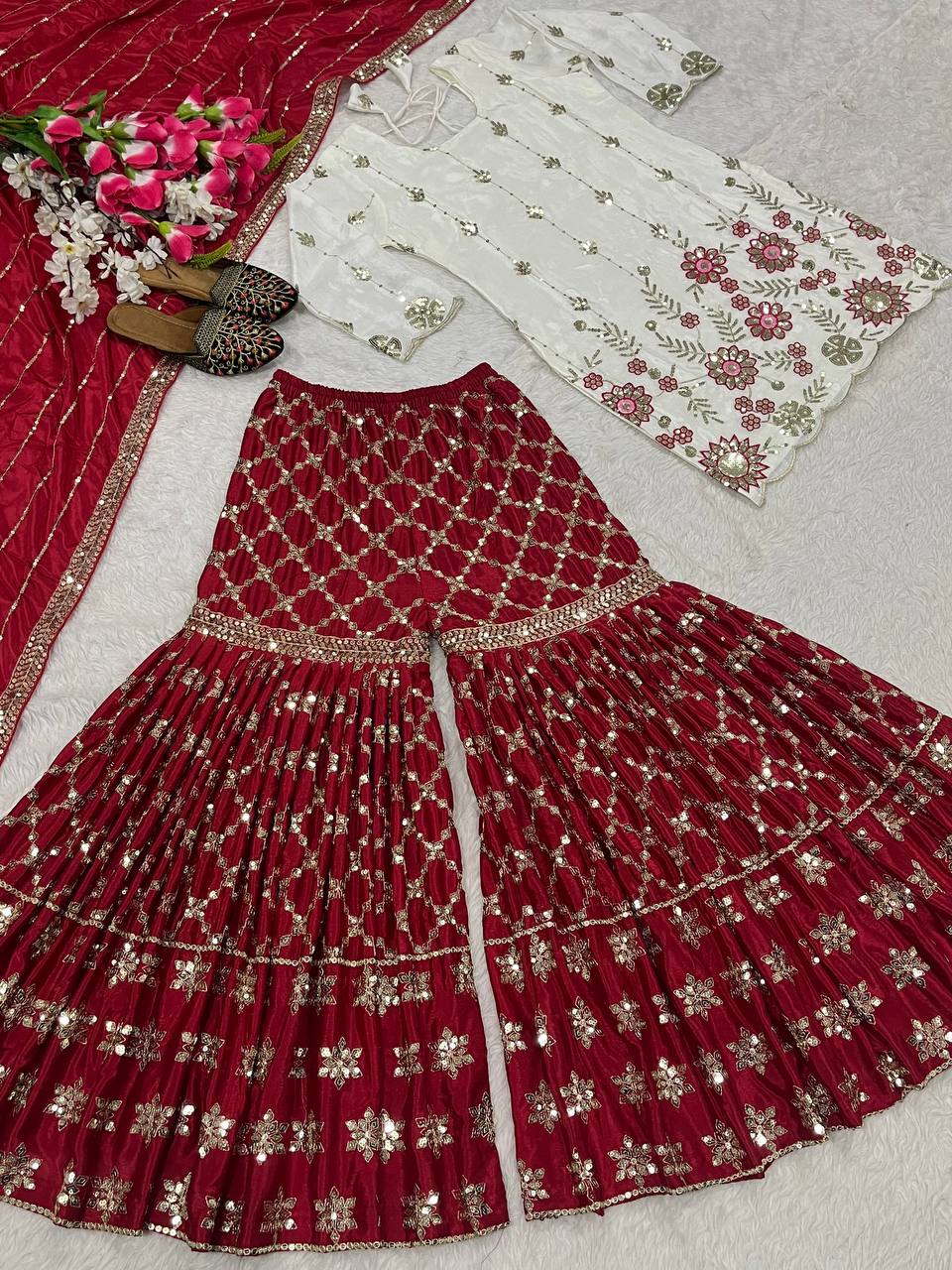 Designer Party Wear Look Top , Sharara Plazzo And Dupatta