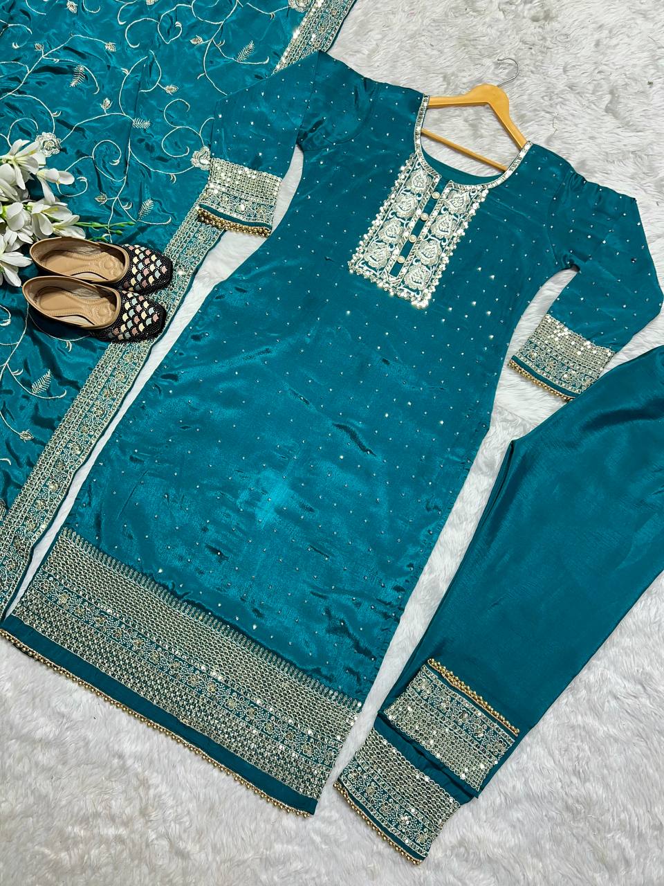 Party Wear Top , Pant And Dupatta In Fancy Style