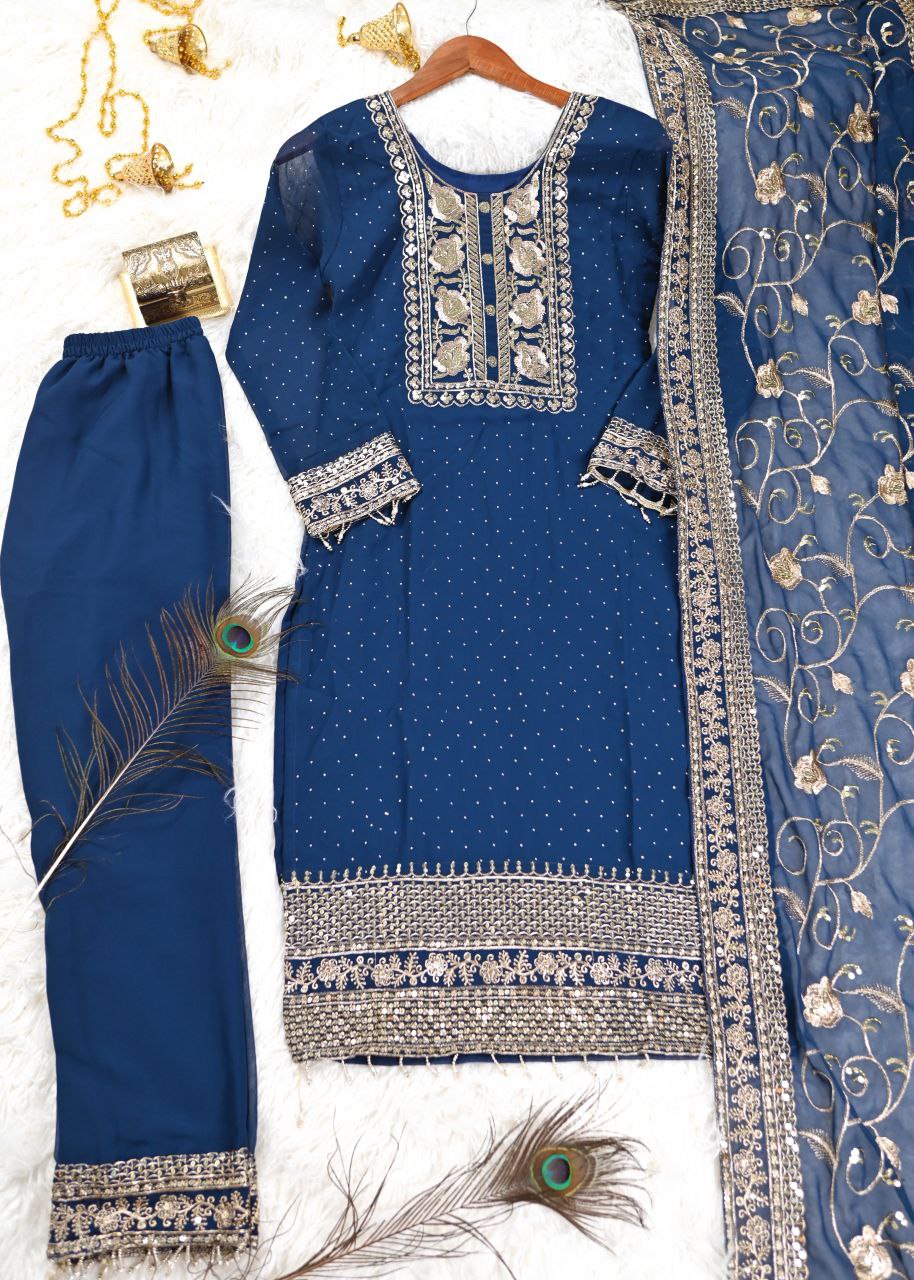 Designer Embroidered Suit With Embroidered Work And Stone Work