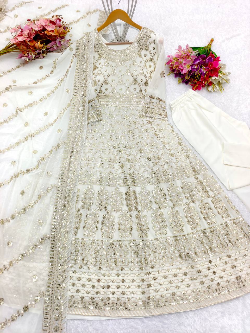 Designer Party Wear Anarkali Gown With Pent And Dupatta