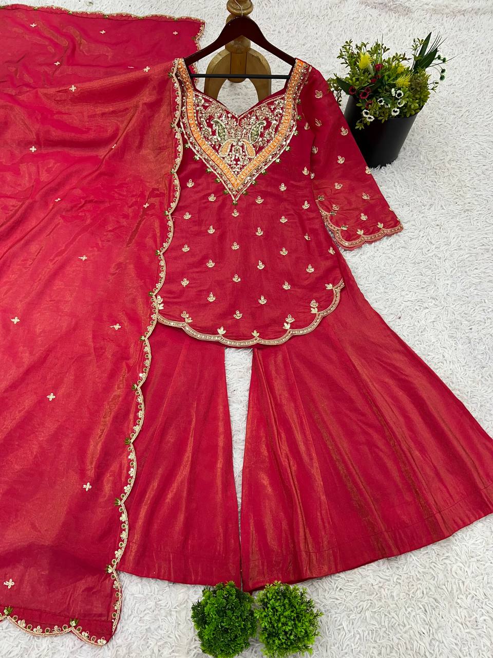 Party Wear Top-Bottom And Dupatta Set With Embroidery Work