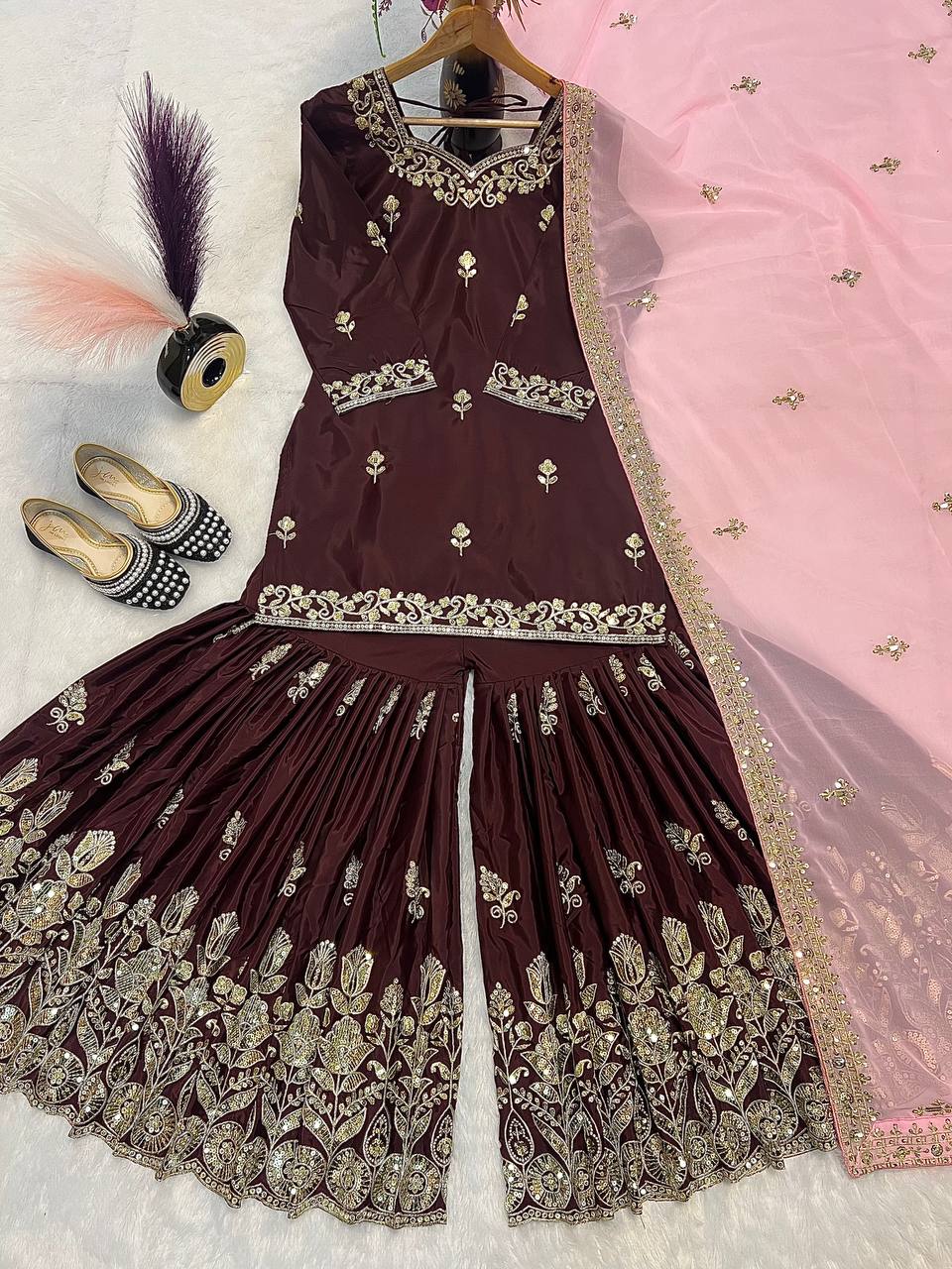 Party Wear Beautiful Top-Bottom And Dupatta With Embroidery Sequence Work