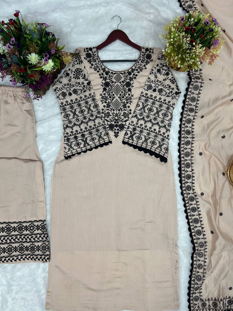 Beautiful Top-Bottom And Dupatta With Fancy Embroidery Sequence Work