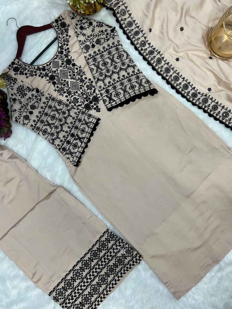 Beautiful Top-Bottom And Dupatta With Fancy Embroidery Sequence Work