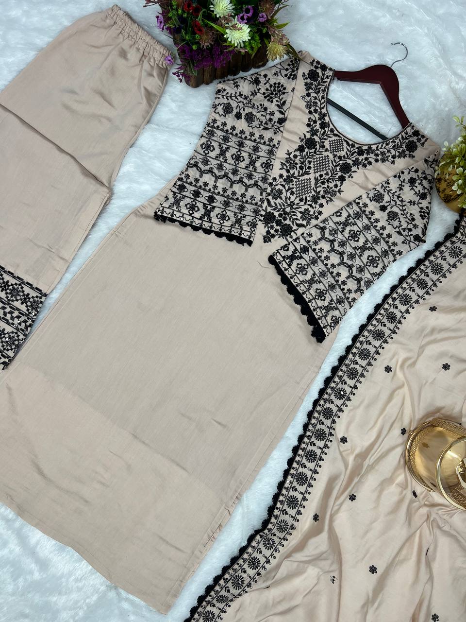 Beautiful Top-Bottom And Dupatta With Fancy Embroidery Sequence Work