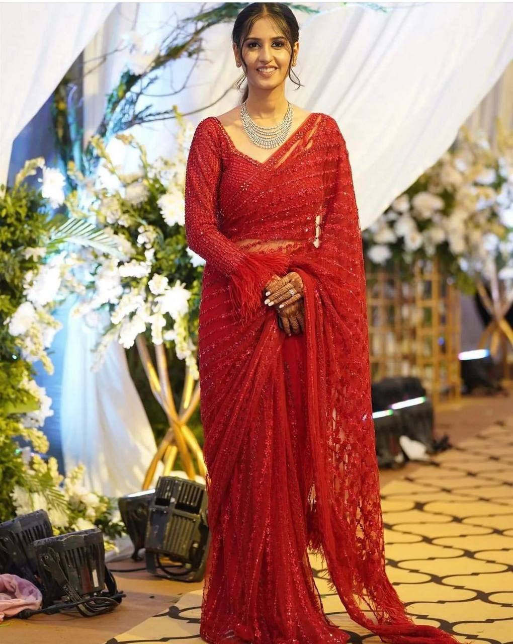 Beautiful Party Wear Saree With Sequence & Thread Work