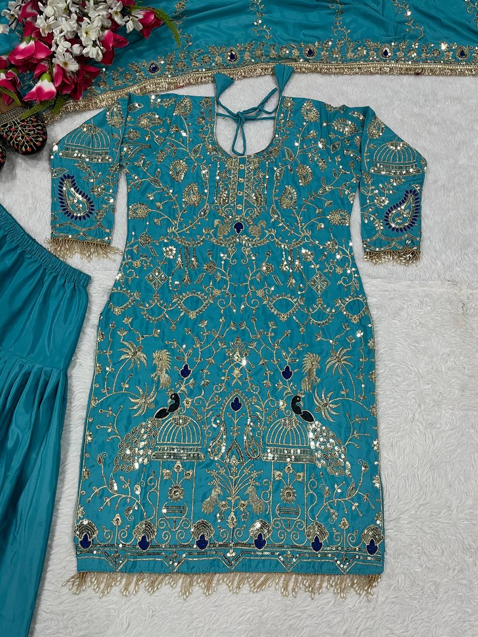 Designer Party Wear Look Top ,Dhoti Salwar And Dupatta