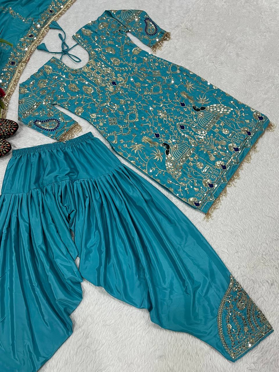 Designer Party Wear Look Top ,Dhoti Salwar And Dupatta