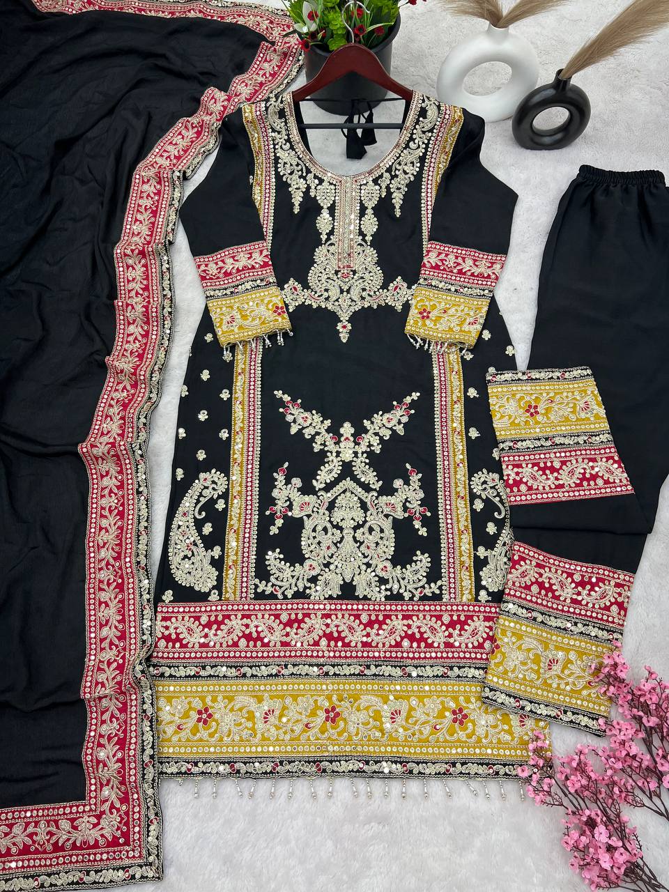 Beautiful Top-Bottom And Dupatta With Heavy Embroidery Cording Sequence Work