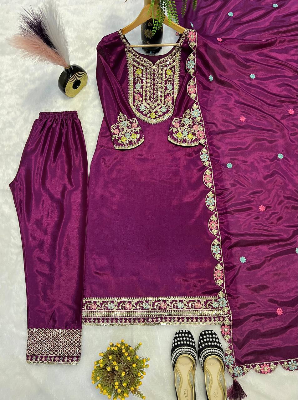 Designer Suit Top , Pant And Dupatta In Fancy Style