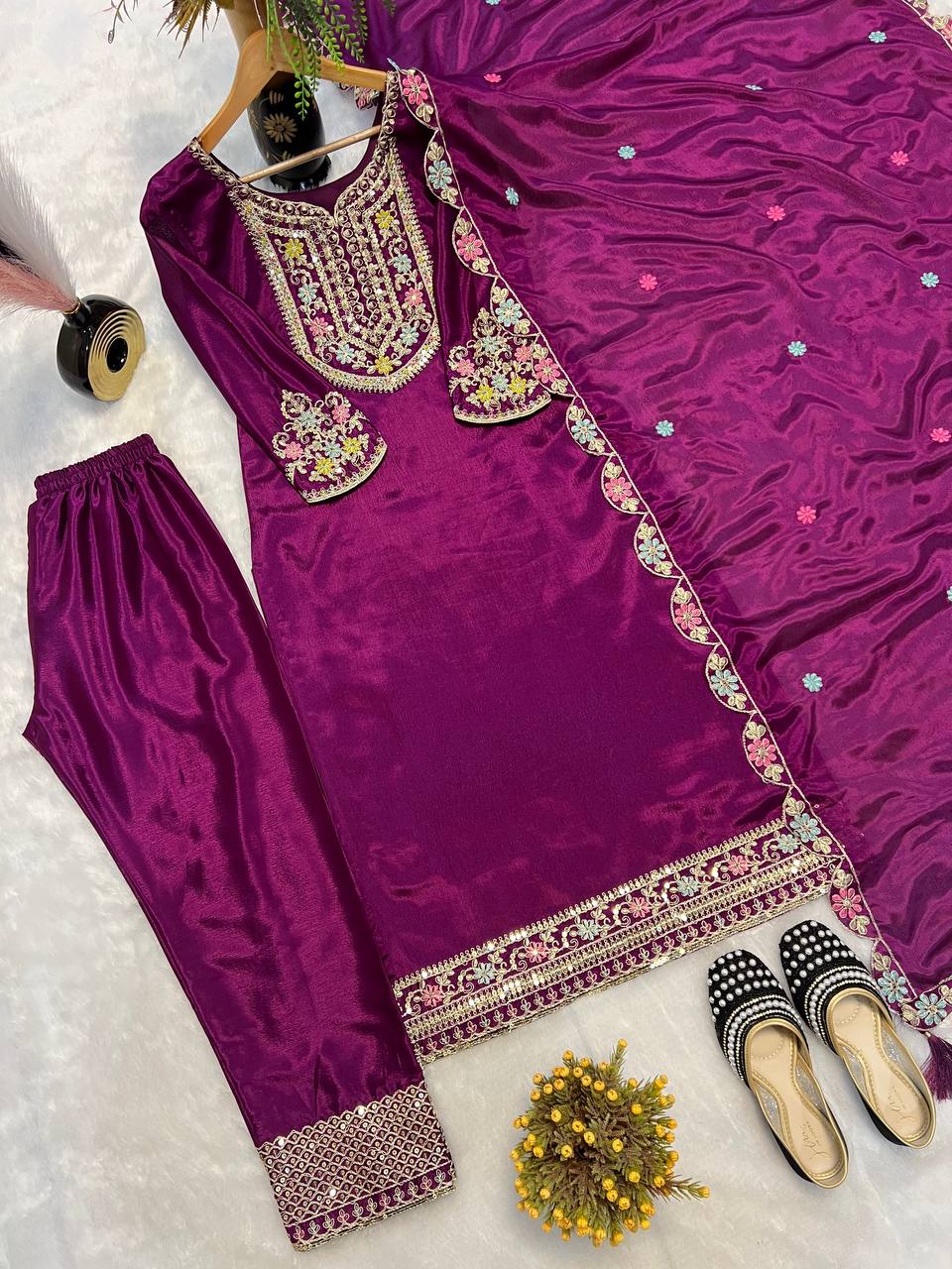 Designer Suit Top , Pant And Dupatta In Fancy Style