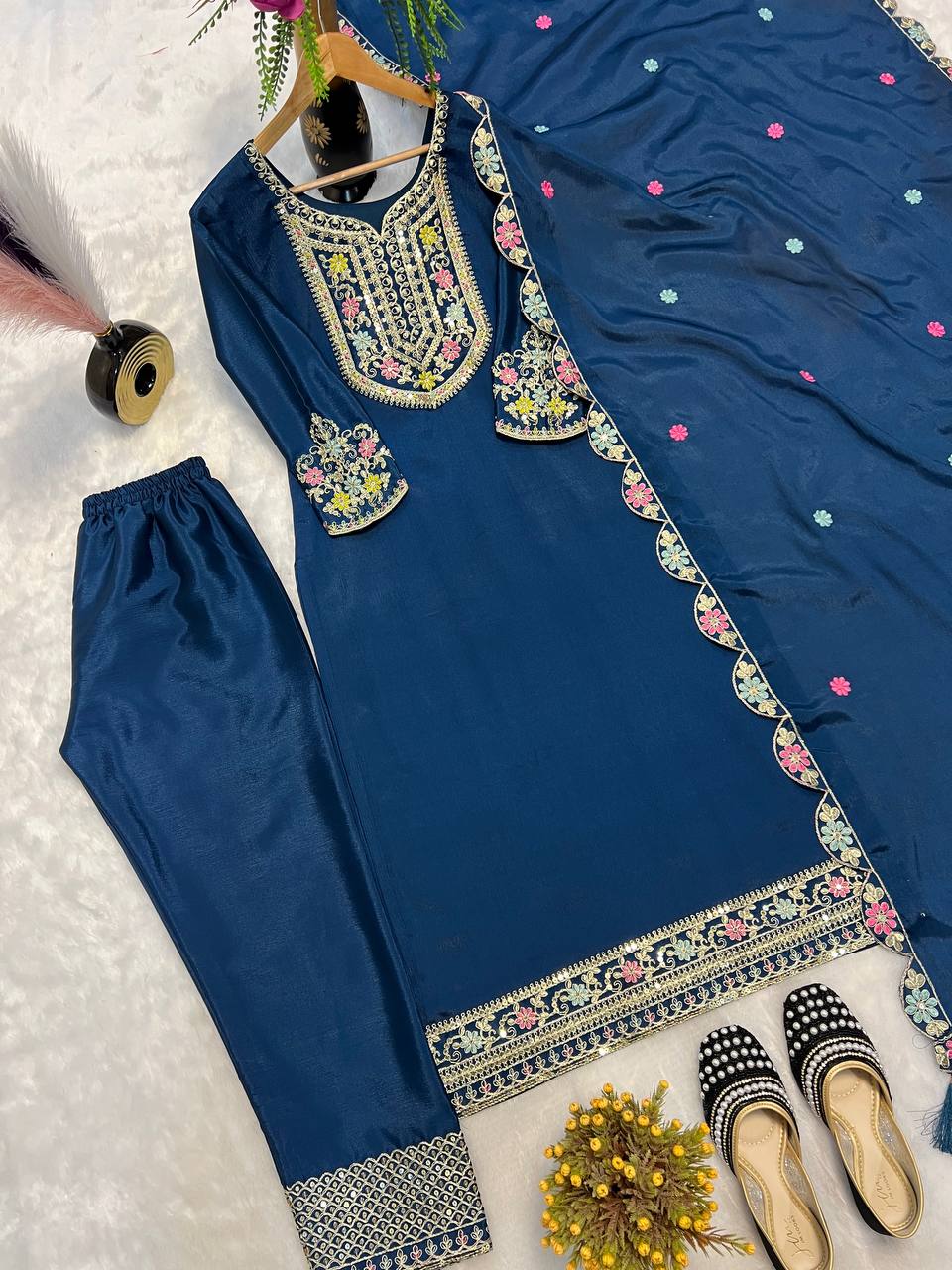 Designer Suit Top , Pant And Dupatta In Fancy Style