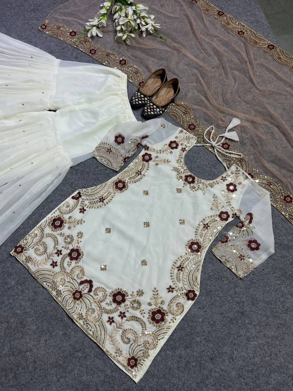Party Wear Sharara Top And Dupatta With Embroidery Work