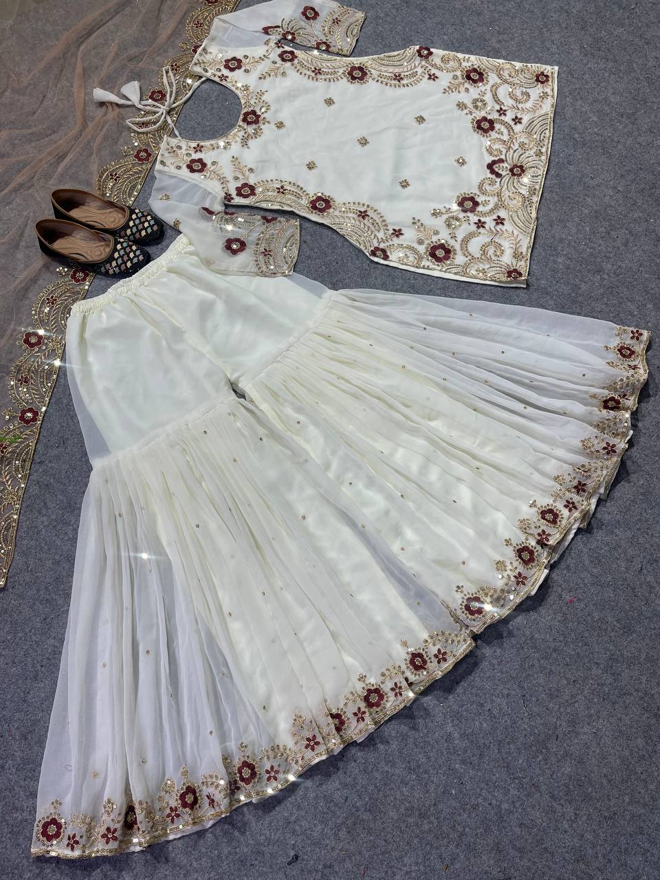 Party Wear Sharara Top And Dupatta With Embroidery Work