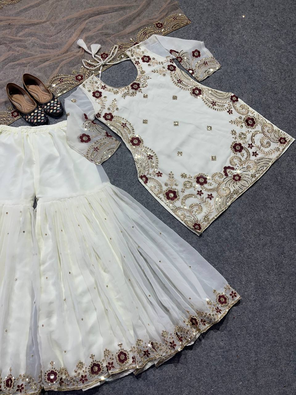 Party Wear Sharara Top And Dupatta With Embroidery Work