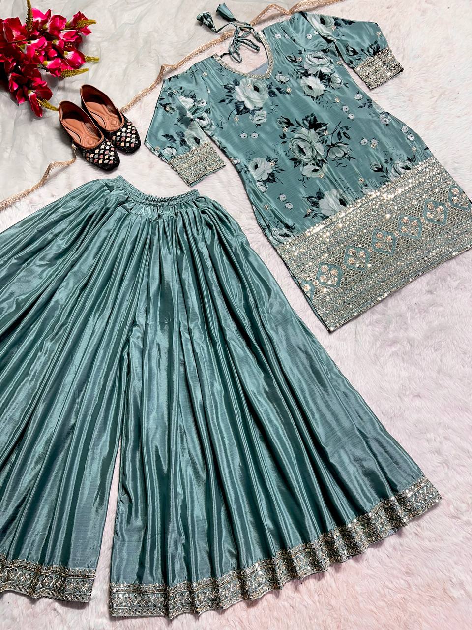 Designer Long Pakistani Suit Top , Sharara And Dupatta