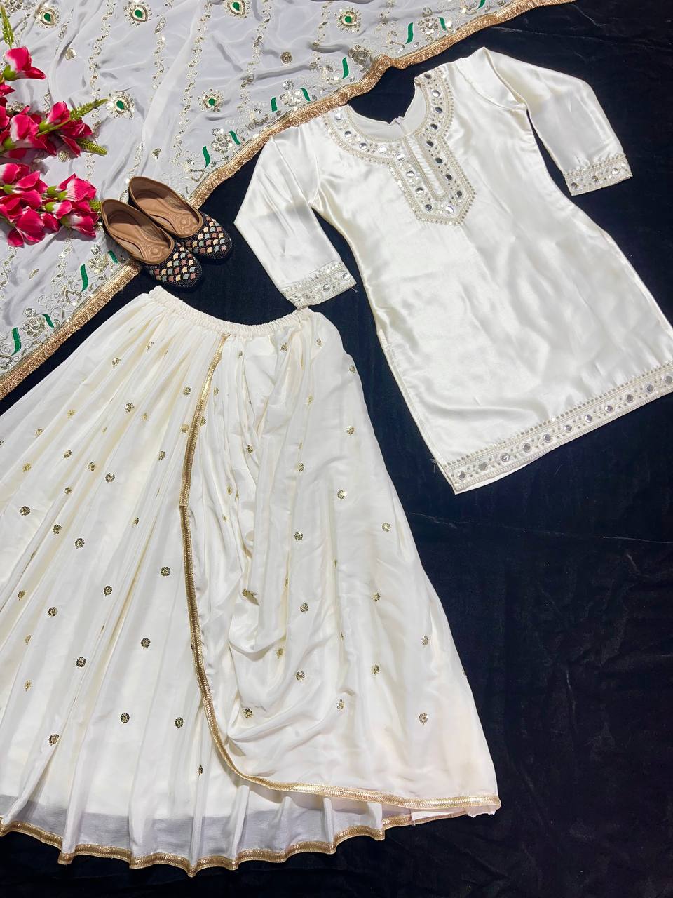 Designer Party Wear Look Top ,Dhoti Skirt And Dupatta