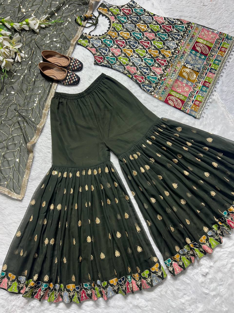 Designer Party Wear Top Bottom And Dupatta With Embroidery Sequence Work