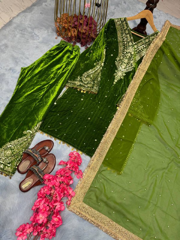 Designer Party Wear Look Heavy Pure Viscose Velvet Top Plazzo &amp; Dupatta Set