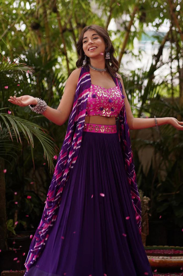 Designer Party Wear Lehenga Blouse And Koti With Beautiful Foil Mirror Work